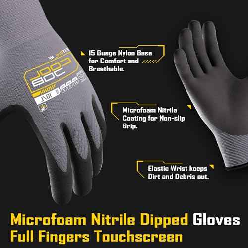 COOLJOB 3/12/36 Pairs Safety Work Gloves Microfoam Nitrile Rubber Coated, Seamless Knit Nylon with Full Fingers Touchscreen, Grip Nitrile Dipped, Ideal for Warehouse, Home Improvement, Grey Large
