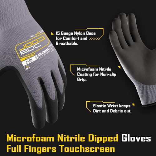 COOLJOB 12 Pairs Safety Work Gloves Microfoam Nitrile Rubber Coated, Seamless Knit Nylon Gloves with Full Fingers Touchscreen, Grip Nitrile Dipped, Ideal for Warehouse, Home Improvement, Grey Medium