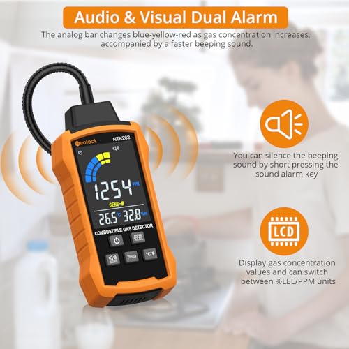 Neoteck Natural Gas Detector 0-9999PPM/0%-20% LEL Gas Leak Detector with 12¡± Gooseneck Combustible Gas Detector with 3 Sensitive Modes Test Methane Propane Gasoline for Gas Pipeline Gas Stove and RV