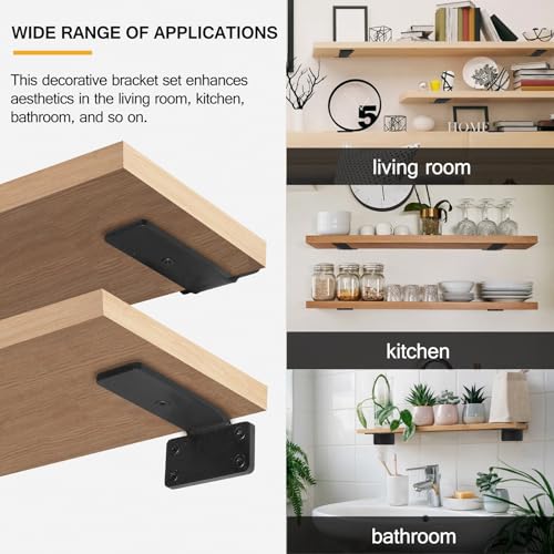 HITOMEN Heavy Duty Floating Shelf Brackets 4 Pack - 4 Inch Black Iron Wall Supports