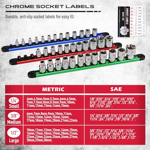 SEDY 9-Piece Aluminum Magnetic Socket Organizer Set - Holds 120 Sockets, Detachable Rails for 1/4, 3/8, 1/2 Sizes, Blue/Red/Green