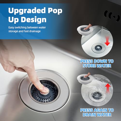 Hibbent 3-in-1 Kitchen Sink Drain Strainer with Brushed Stainless Steel Pop Up Stopper - Model 1