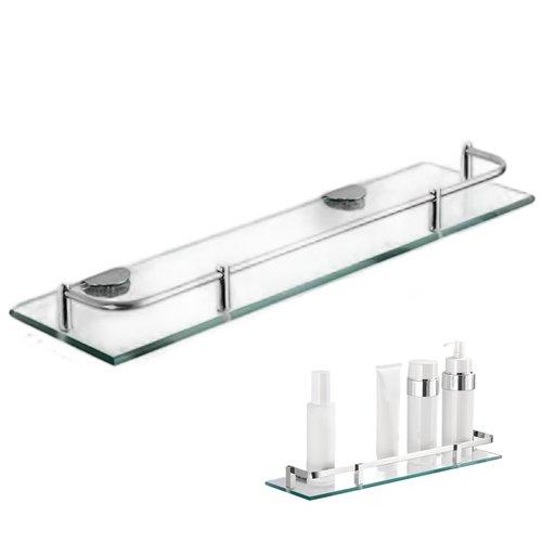 Kalastussaari Glass Floating Shelves for Wall, 4x24 Single Layer Transparent Glass Bathroom Wall Shelf with Metal Rail for Shampoo, Body Wash, Soap