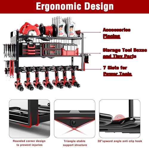Mens Gifts Power Tool Organizer Wall Mount With Pegboard - 7 Drill Holder - Garage Organization Storage Rack For Cordless Tool - Heavy Duty Metal Tool Shelf