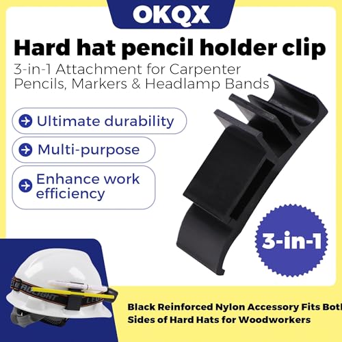 Hard Hat Pencil Holder Clip | 3-in-1 Attachment for Carpenter Pencils, Markers & Headlamp Bands | Black Reinforced Nylon Accessory Fits Both Sides of Hard Hats for Woodworkers
