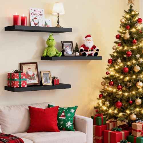 BAYKA Floating Shelves for Wall, Wall Mounted Rustic Wood Shelves for Bathroom, Bedroom, Living Room, Kitchen, Hanging Shelf for Books/Storage/Room Decor with 22lbs Capacity (Black, Set of 3, 15.7in)