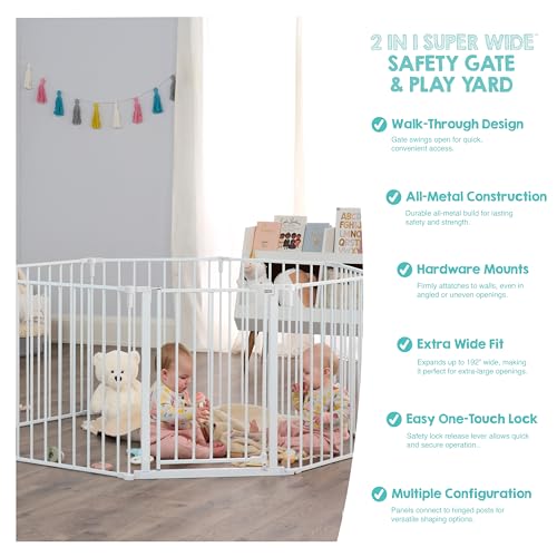 Regalo 24-192 Inch Metal 2-in-1 Baby Gate & Play Yard, White, Adjustable Width