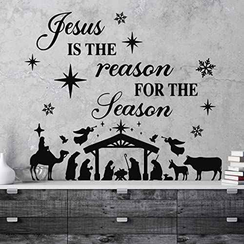 3 Pcs Nativity Scene Decor Stickers Christmas Bible Quotes Christian Vinyl Wall Decal Set Jesus is The Reason for The Season Bible Verse Wall Decals Joy to The World Stickers for Home