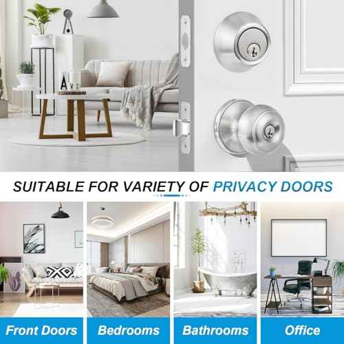3 Pack Entry Door Lock and Single Cylinder Deadbolt Combo Set, Keyed Alike Satin Nickel Exterior Door Knobs with Lock&Keys, Round Ball Door Locksets with Deadbolt for Entrance and Front Door