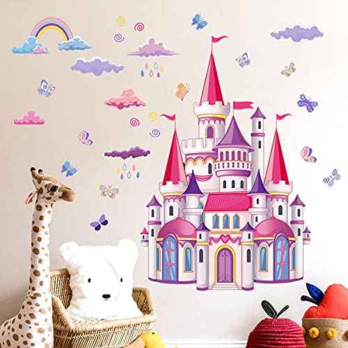 Princess Castle Removable Fairy Tale Wall Decals for Kids - Waterproof Nursery Bedroom Playroom Wall Stickers, Cartoon Castle Wall Art for Girls Room and Kindergarten Classroom Decor