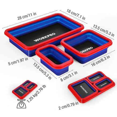 WORKPRO 4PC Collapsible Magnetic Parts Tray Set, Double-Sided Magnet Bowl for Screws, Nuts, Pins, Foldable Bolt Tray for Garage, Maintenance, Silicone Mechanic Tools Gift for Man, 11 Inch & 6.3 Inch