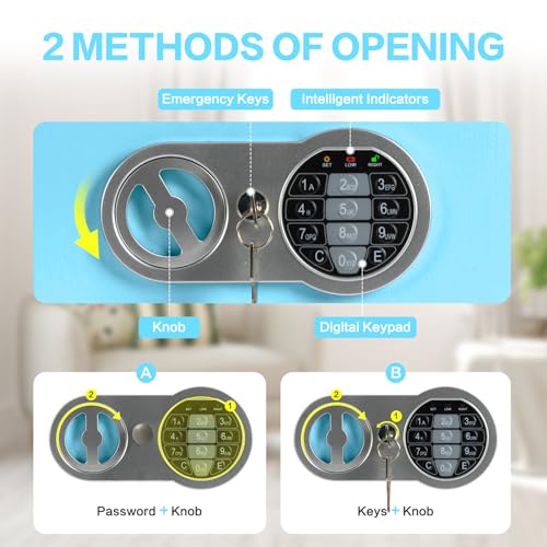 0.23 Cubic Feet Safe Box, Small Safe W/Fireproof Bag, Keys & Pass Code, Digital Electronic Security Money Box for Cash, Document, Home, Office, Hotel Use, Blue, 6.69"D x 9.06"W x 6.69"H