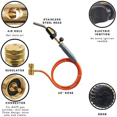 Double Valve Self-Ignition MAPP And Propane Torch With 60 inch Hose And Stainless Steel Head For Soldering