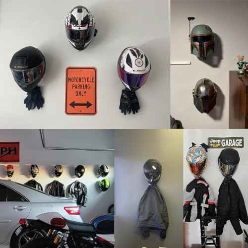 Helmet Holder Wall Mount, 4 Pack Motorcycle Helmet Rack, Helmet Hanger Rack Motorcycle with 2 Hooks Helmet Hanger for Motorcycle Bike Coats, Caps, Baseballs and Rugby Helmet