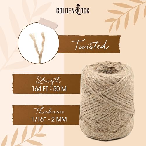 Golden Cock 2mm Natural Jute Twine Rope - 164FT Rustic Brown Craft String