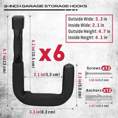 SEDY 6-Piece Heavy Duty Garage Storage Hooks, Wall Mount J Utility Hooks Holds 88 LB, Large Metal Utility, Garage Storage Ladders for Bikes, Garden Tools