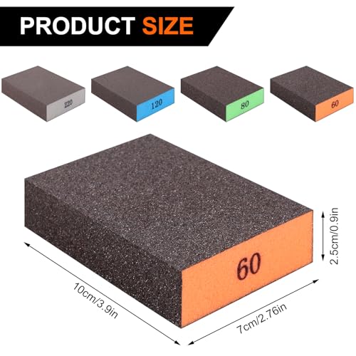 Romeda 8-Pack Sanding Sponges with 4 Grits - Washable & Reusable Drywall & Wood Blocks (60/80/120/220 Grits)