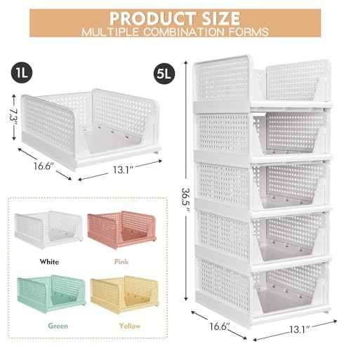 5 Pack Stackable Closet Storage Basket - Stackable Storage Bins, Multifunctional & Foldable Closet Organizer, Wardrobe Cupboard Space-Saving Hat Storage Drawer Organizer, White