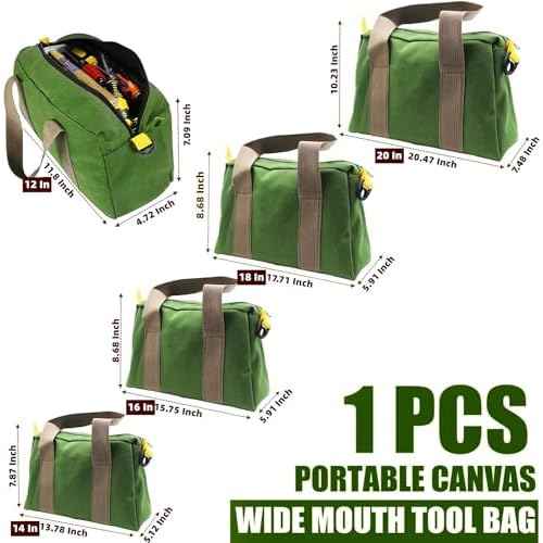 BLIRITEL 12 Inch Wide Mouth Tool Bag, Heavy Duty Canvas Tool Storage Bag, Large Capacity Handbag, Multi-function Tool Organizer Tote Bag for Storage Wrenches Pliers (Green, 12 Inch)