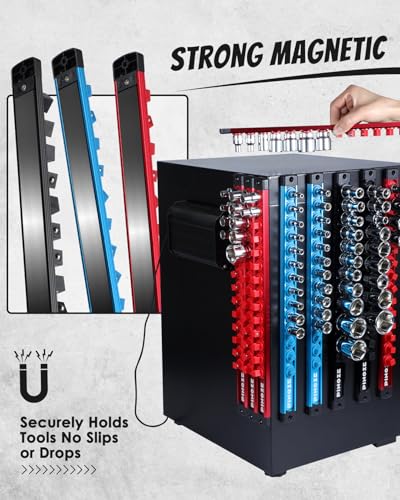 Pinoze 8-Piece Magnetic Socket Organizer Set 1/4 3/8 1/2 with 114 Clips Aluminum