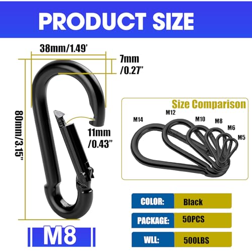 M8-3.15IN 50 Pack Heavy Duty Black Carabiner Clips for Swing, Camping & Outdoor