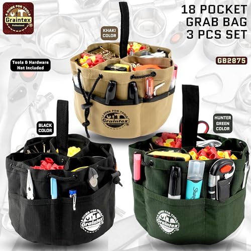 Graintex 18 Pocket Grab Bags Set of 3 Pcs Rip-Stop Canvas, Drawstring Closure, Small Parts Organizer Bag, Small Tools, Screws, Parts, Parachute Tool Bag, Parachute Tool Organizer for Essential Items