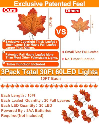 TURNMEON 3 Pack 30FT Maple Fall Garland with Lights & Timer - Halloween & Thanksgiving Decor