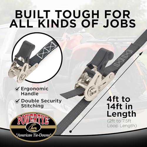 PowerTye 1in x 4ft Black Endless Ratchet Straps - 2-Pack, Easy-Grip Cargo Tie Downs