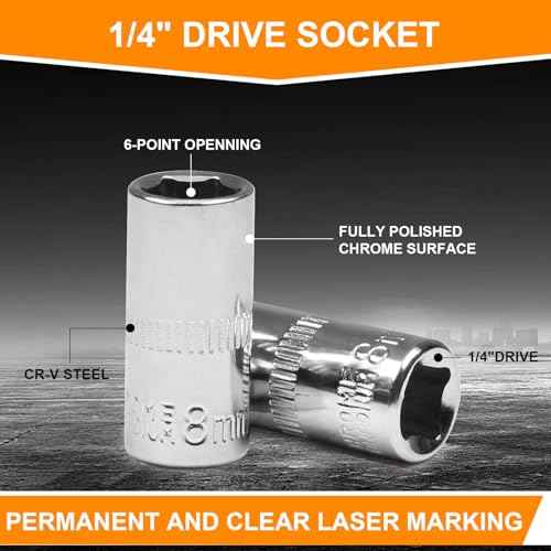 Utoolmart 1/4" Drive Socket Set, Metric Socket 10pcs Sets, 6-Point Shallow Socket Set, 4mm, 5mm, 6mm, 7mm, 8mm, 9mm, 10mm, 11mm, 12mm, 13mm, Cr-V
