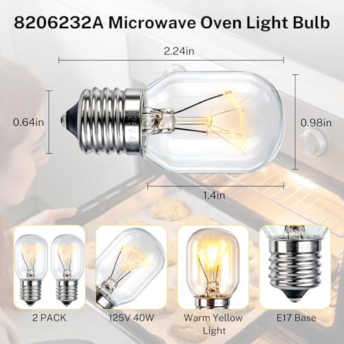 Microwave Light Bulb 40W 125V, 2-Pack for Whirlpool Maytag KitchenAid Kenmore — Warm Yellow Replace R0712016