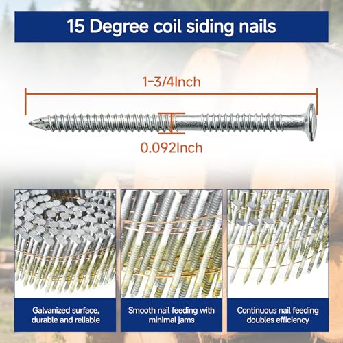 GXYWADY 3600Pcs 1-3/4 Inch Steel Siding Nails, 0.092 Inch Diameter, Galvanized Coil Nails, 15° Incline for Exterior & Interior Projects (Variation: 1 / 0.092*1-3/4in)