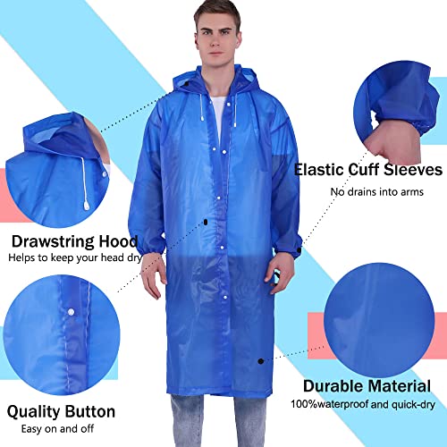 YDYJKI 2 Pack Waterproof Rain Ponchos for Adults with Hood, Reusable Lightweight Emergency Raincoats - One Size Sapphire Blue
