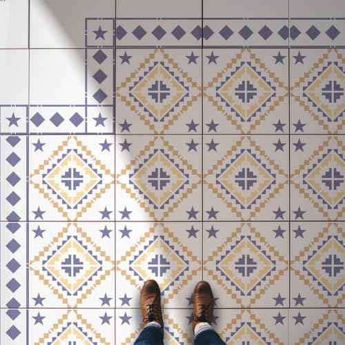 FINGERINSPIRE 3 Pcs Floor Tile Stencil 11.8x11.8inch Reusable Star Mosaic Tiles Painting Template Border & Corners Stencil Concrete DIY Stencils for Patio, Floor Tile, Wall. Home Decoration