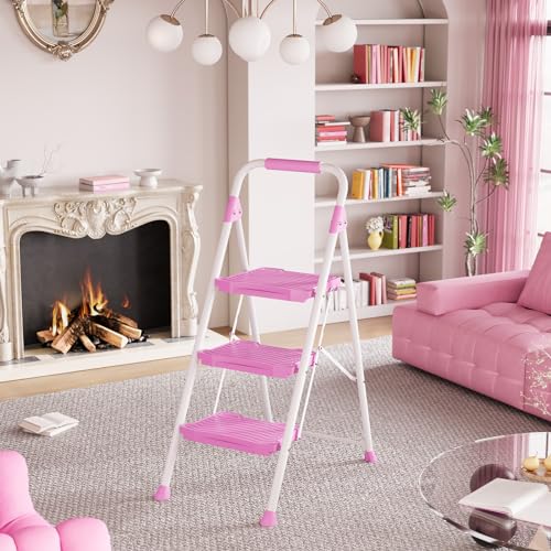 KINGRACK Pink 3-Step Ladder with Handrail, Anti-Slip Wide Pedals, 900lbs Capacity, Foldable Household & Garage Step Stool