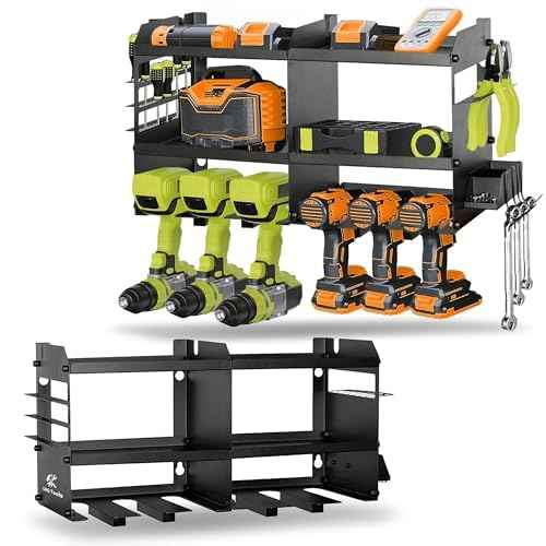 GRG Tools Heavy-Duty Power Tool Organizer ? Wall Mounted Drill Rack for 6 Cordless Drills, Garage & Workshop Tool Storage Shelf with Screws & Bolts Side Box, 300LBS Load Capacity, Sturdy Metal Design