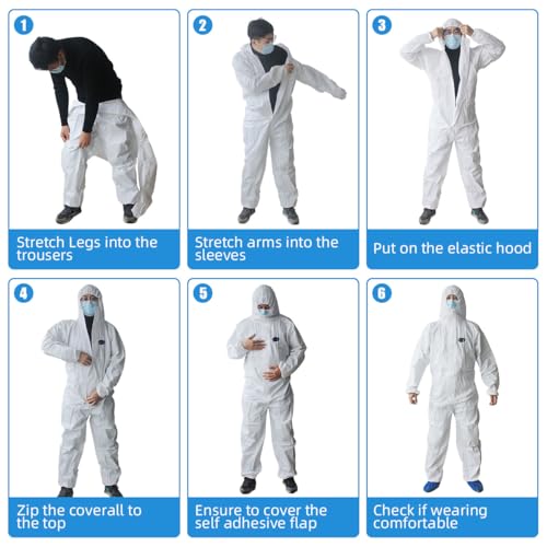 VVicogard Protective Overalls Disposable Coveralls, Front Zipper Elastic Waistband & Cuffs Ankles, SMS Isolation Coverall Suit with Hood for Hospitals, Laboratories, Medical