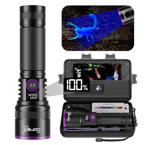 Goreit 365nm Black Light UV Flashlight Rechargeable with Filter Lens & LCD Display - Black