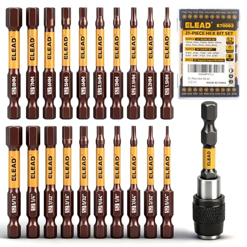 ELEAD 21-Piece Impact Hex Drill Bit Set - SAE & Metric, Durable Magnetic Allen Keys