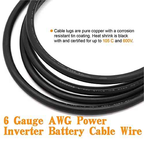 6 AWG Gauge UL1015 Wire Battery Power Tinned Oxygen Free Copper OFC Welding Cable Boat Inverter 6 1/2feet Black and 6-3/8inch Lugs Terminal Connectors with Heat Shrink Tube