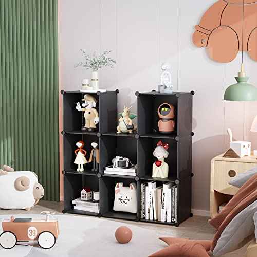 C&AHOME Cube Storage, 9-Cube Bookshelf, Plastic Closet Cabinet Organizer, DIY Stackable Bookcase, Modular Shelving Units Ideal for Home, Office, Kids Room, 36.6" L x 12.4" W x 48.4" H Black SHS3009A
