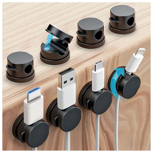 Black OneLeaf 8 Pack Magnetic Cable Clips with 360° Rotatable Lock, Adhesive Cord Holders for Home, Office, Car