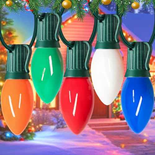 50 Feet Vintage C9 Christmas Lights Outdoor, 50+5 Count Multicolor Big Bulb Outdoor Christmas Lights for House Roof Trees Porch - Plug in Retro C9 String Lights for Xmas & All Year Round Decor, 7W