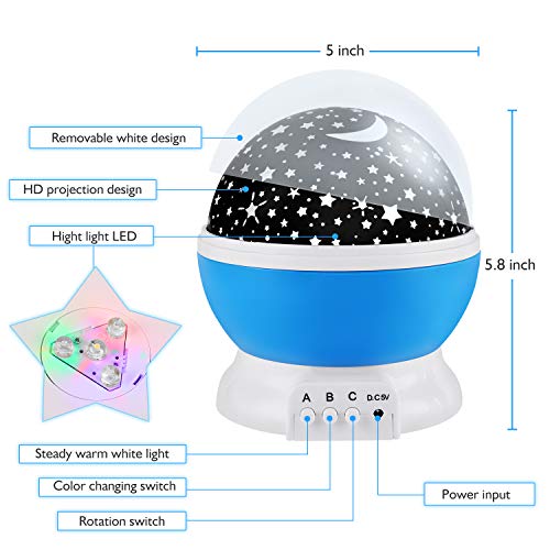 RICTLY Blue Night Light for Kids Star Projector 360° Rotation 4 LED Light Colors