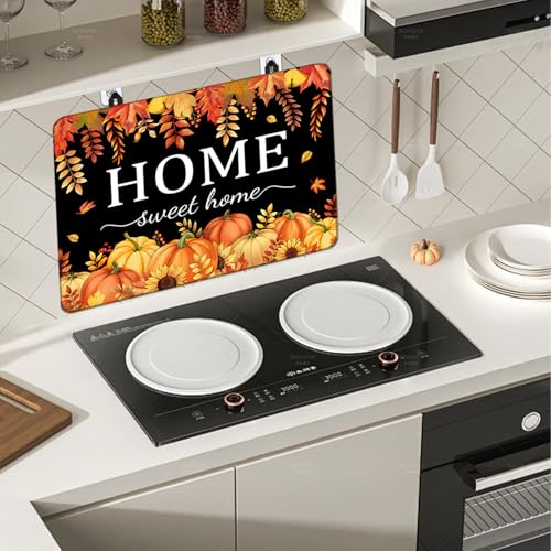 Fall Pumpkin Glass Stove Top Cover 28x20 | KAPLIPE Hello Fall Maple Leaves Black