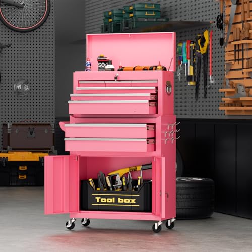 Crownland 8-Drawer Rolling Tool Chest: Pink, 2-in-1 Top Cabinet + Bottom Chest