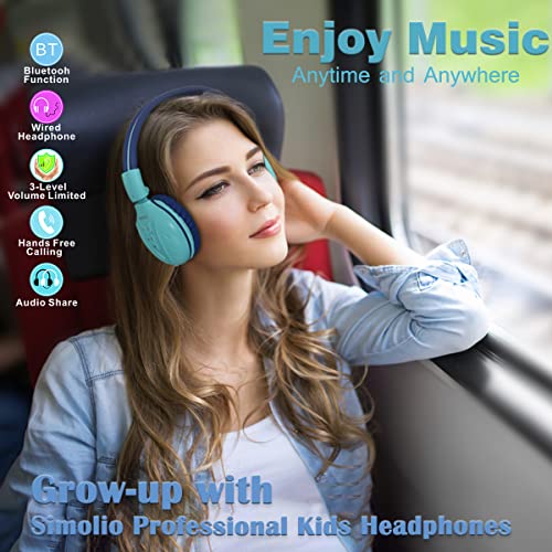 SIMOLIO Kids Bluetooth Headphones with Microphone, Wireless Childrens Headphones with Safe Volume, Foldable Adjustable Headband, Over-Ear Headsets for Boys Girls Toddler Tablet Travel Airplane Blue