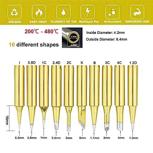 Soldering Iron Tips 900M Solder Lead-free Tips 10pcs for HAKKO 936,937,907 Atten, Quick,Ryobi, Aoyue, Yihua,Vastar,Sywon,Tabiger,SOAIY and X-Tronic Solder Gun/Station (Gold)