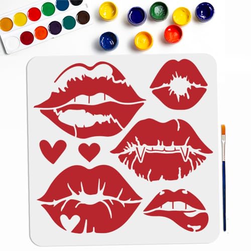 MAYJOYDIY Lip Stencil Kiss Lips DIY Stencil 11.8¡¿11.8inch Large Love Lips Lipstick Mouth with Paint Brush Reusable Woman Lip Print Templates for Wood Wall Furniture Canvas Decor