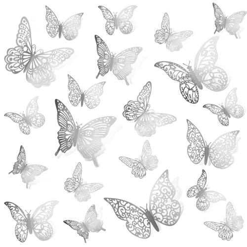72Pcs 3D Butterfly Wall Decor Stickers, Silver Butterfly Wall Decorations, 4 Styles 3 Sizes Removable Butterflies Stickers Room Decor for Crafts Table Birthday Halloween Wedding Tea Party Decorations