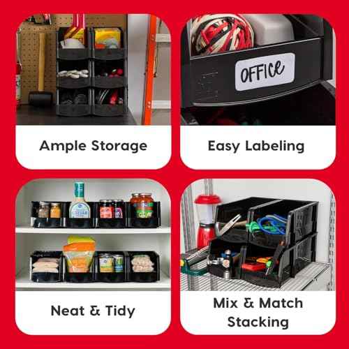 IRIS USA Medium Stackable Storage Bins, 8-Pack, 11"L x 6"W x 5"H, |Made in USA|, Plastic Open Front Shelf Bin for Organizing Parts, Hardware, Tools, Supplies, Garage Shelf, Pantry - Black